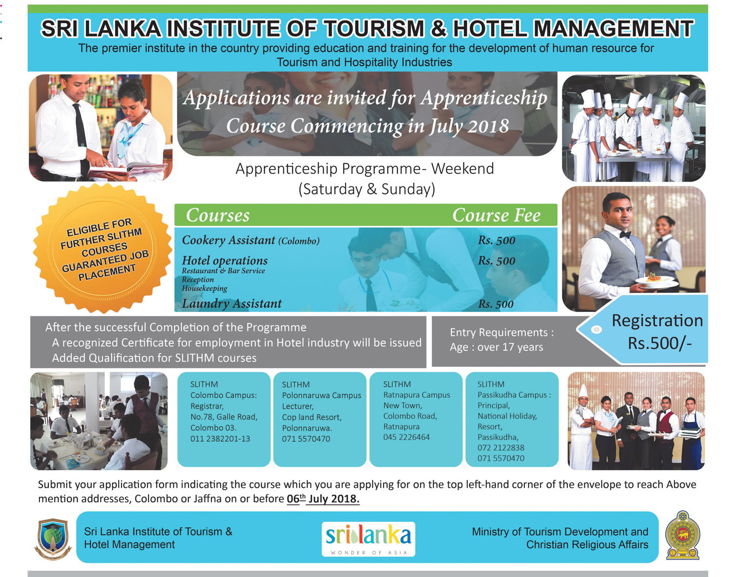 Apprenticeship Course Commencing in July 2018 - Sri Lanka Institute of Tourism & Hotel Management 